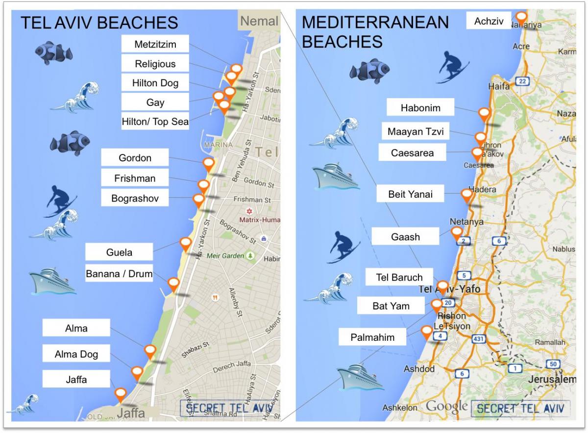 карта пляжи Тель-Авива